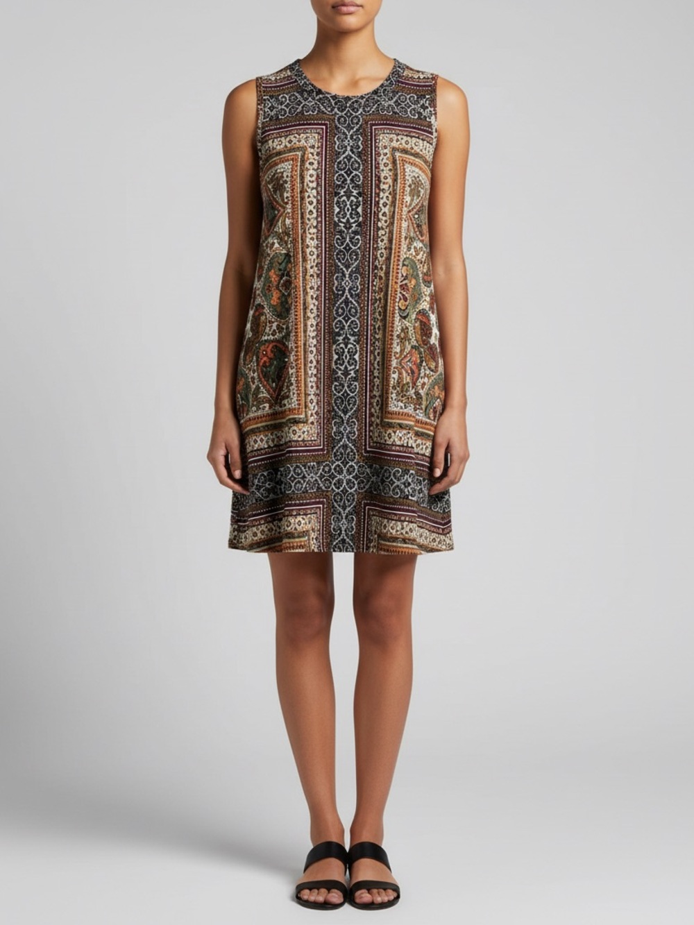 AB Studio Paisley Sleeveless Midi Dress - Brown, Green, Cream